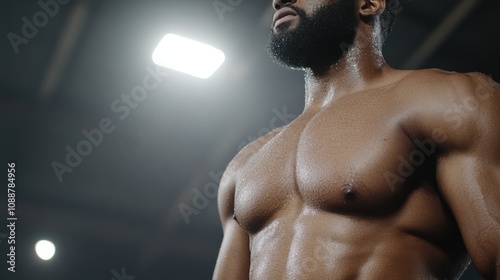 Gleaming, bronzed muscular torso under gym lights exudes strength and dedication, highlighting the contours of intense athleticism. photo