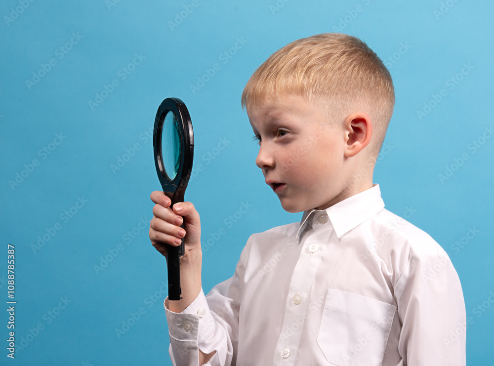 A boy of 5-6 years old looks in surprise through a magnifying glass. Portrait of a boy, studio shot A boy of 5-6 years old looks in surprise through a magnifying glass. Portrait of a boy, studio shot
