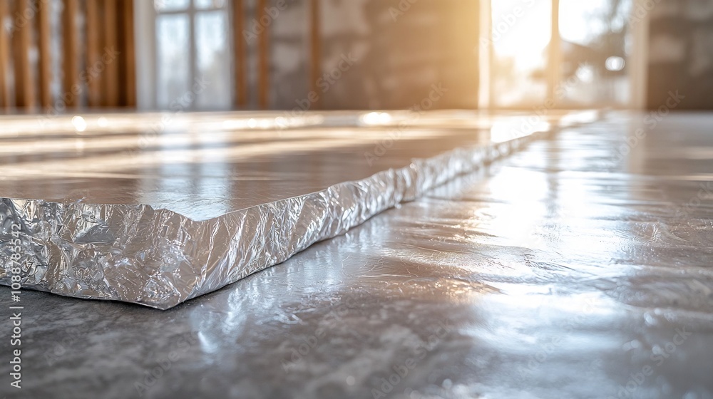 Floor Insulation Spread, Layers of Thermal Insulation on Reflective Concrete Floor with Copy Space Floor Insulation Spread, Layers of Thermal Insulation on Reflective Concrete Floor with Copy Space