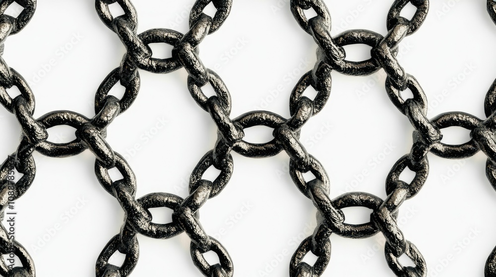 Fototapeta premium Close-up of black chain link fence pattern, isolated on a white background, providing a simple yet bold texture.
