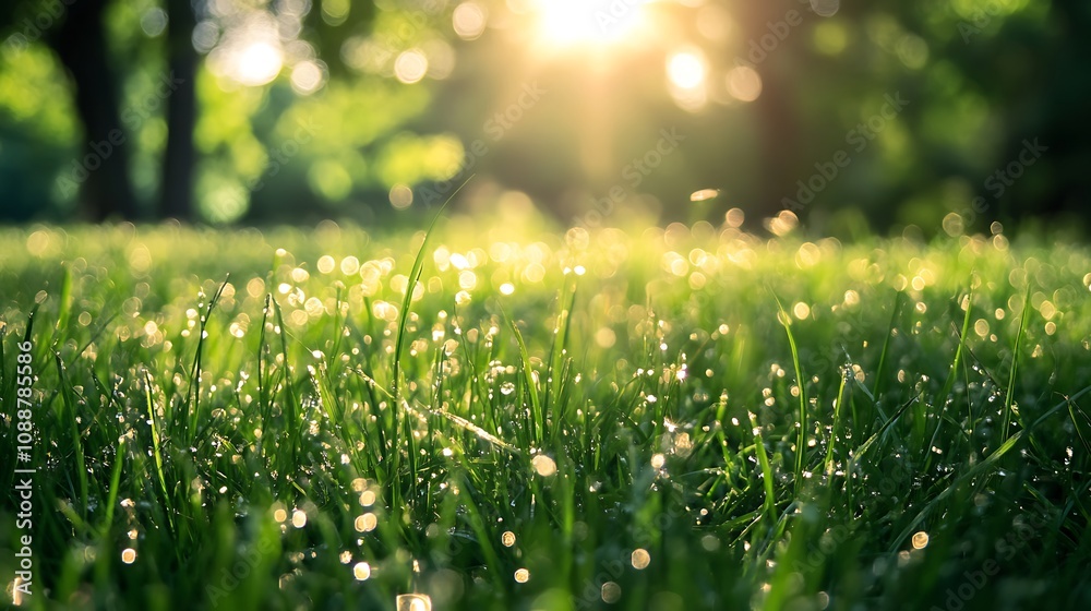 Fototapeta premium Morning Dew on Grass, Sunlight, Nature