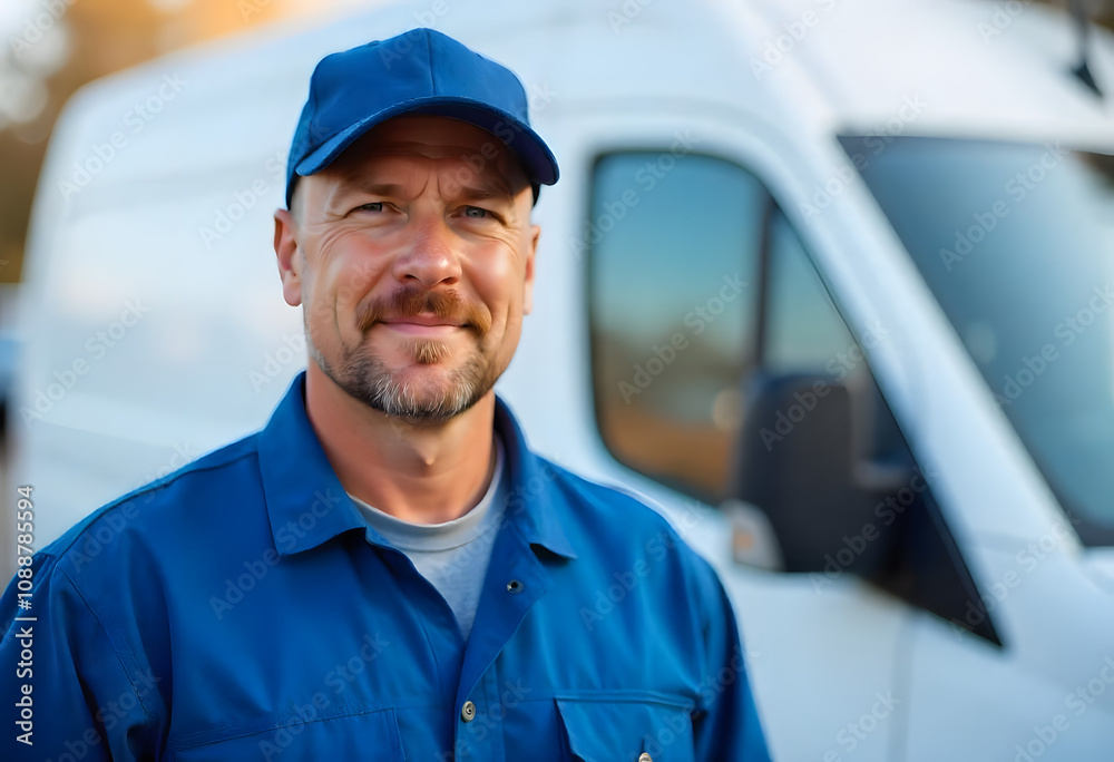 Delivery person smiling and standing in front of a white van Delivery person smiling and standing in front of a white van