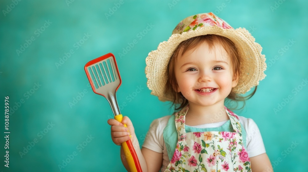 A cheerful child in a floral apron and straw hat, holding a spatula and smiling. A cheerful child in a floral apron and straw hat, holding a spatula and smiling.
