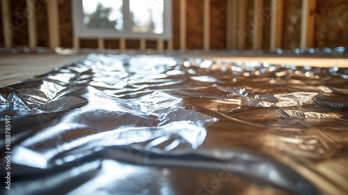 Floor Insulation Spread, Radiant Barrier Insulation Spread Over a Rough Plywood Floor with Metallic Gleam Under Light