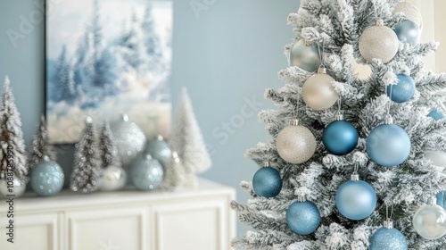 A beautifully decorated Christmas tree with blue and silver ornaments in a cozy setting.
