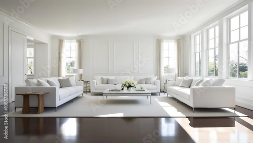 A bright, clean white living room featuring large windows that allow natural light to fill the space. 