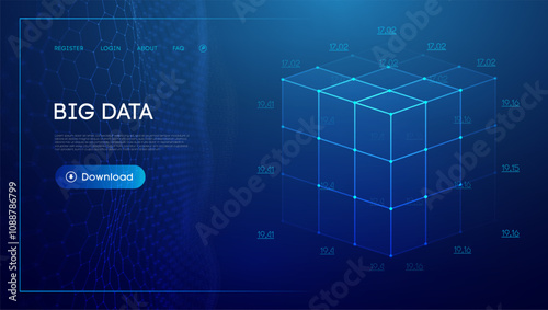 Big data and data science. Isometric cube technology background. Geometric futuristic blue tecgnology background.