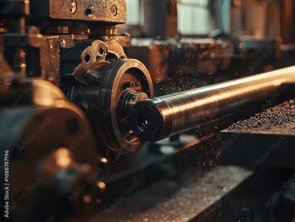 Close-up View of Precision Metal Lathe Working on Steel Rod, Showcasing Shavings, Sparks, and Industrial Machinery in Action in a Workshop Environment Close-up View of Precision Metal Lathe Working on Steel Rod, Showcasing Shavings, Sparks, and Industrial Machinery in Action in a Workshop Environment