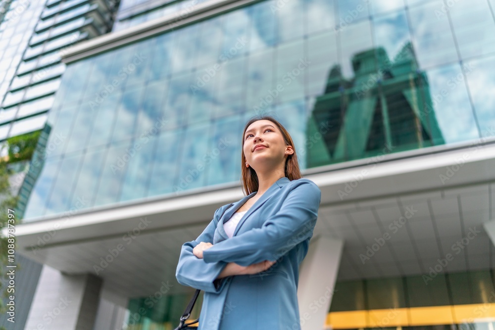 Confident Young Businesswoman With Laptop Bag In Front a Modern Office Building in a Financial Business District Confident Young Businesswoman With Laptop Bag In Front a Modern Office Building in a Financial Business District