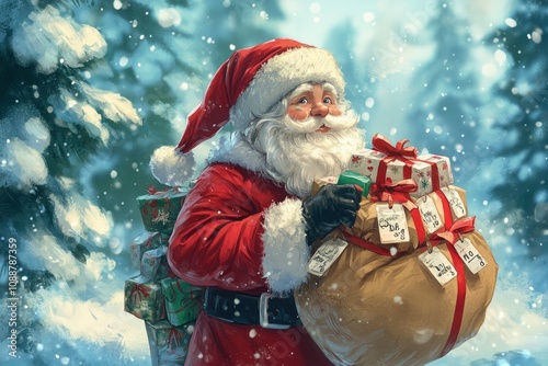 A cheerful figure in a Santa suit carrying gifts in a snowy forest setting.