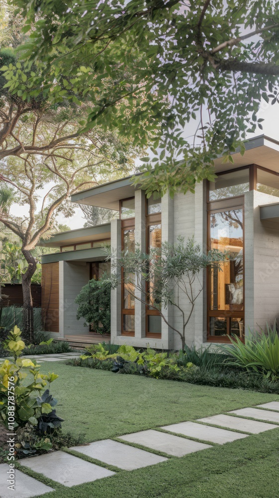 Obraz premium Modern Contemporary Home with Floor-to-Ceiling Windows and Beautiful Landscaping