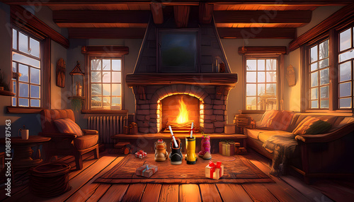 illustration of the Sinterklaas party, children put their shoe in front of the fireplace in the evening for a present from Sinterklaas and the presents are delivered through the chimney, AI generated