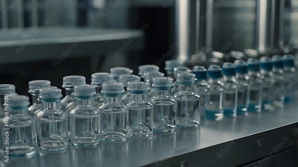 Close-Up View of Vials on a Pharmaceutical Production Line for Medicine Manufacturing Close-Up View of Vials on a Pharmaceutical Production Line for Medicine Manufacturing