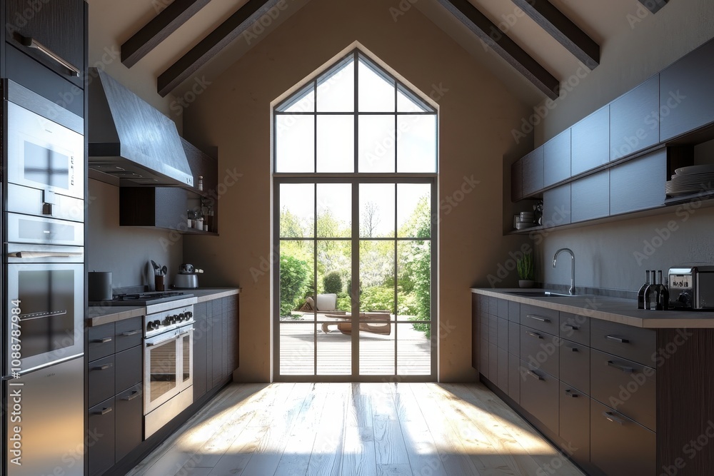 Modern kitchen with large windows overlooking a garden, featuring sleek cabinetry and appliances. Modern kitchen with large windows overlooking a garden, featuring sleek cabinetry and appliances.