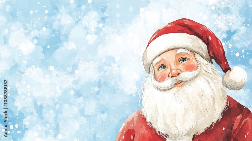 A cheerful Santa Claus with a snowy background, evoking holiday spirit.