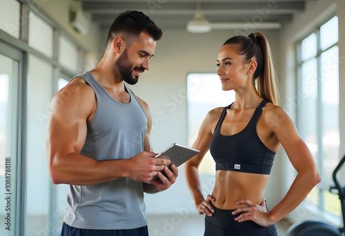 Fit man standing in the gym and holding a tablet while he talks to a female lady client photo