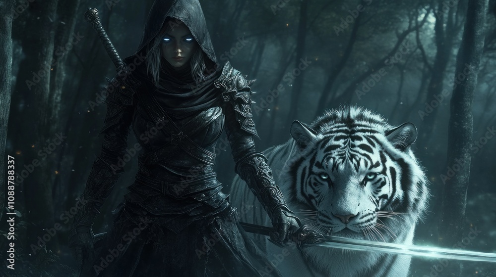 A hooded female assassin knight wearing dark and sturdy armor stood in the dark forest, accompanied by her white tiger close by. He holds a realistic sword background wallpaper AI generated image A hooded female assassin knight wearing dark and sturdy armor stood in the dark forest, accompanied by her white tiger close by. He holds a realistic sword background wallpaper AI generated image