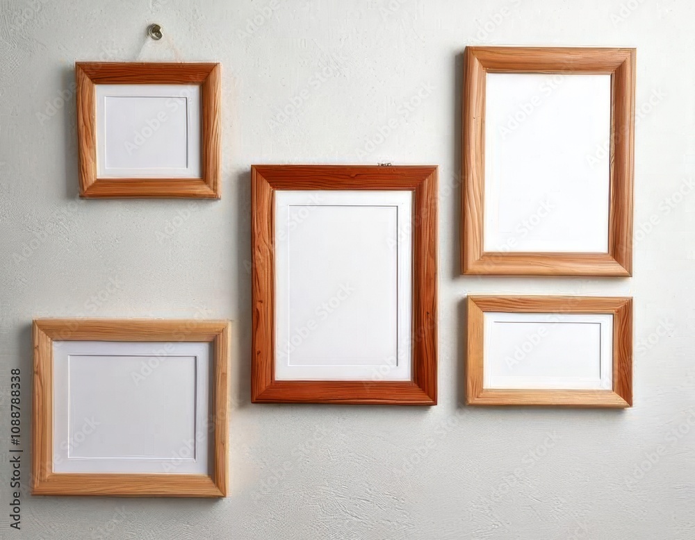 Blank wooden picture frames for text or design to be placed inside on a white wall Blank wooden picture frames for text or design to be placed inside on a white wall