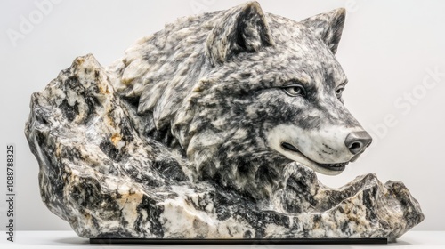 A detailed sculpture of a wolf's head carved from stone, showcasing artistry and craftsmanship. photo