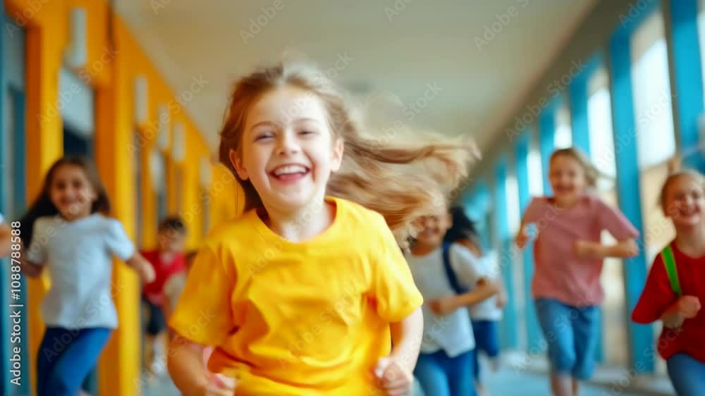 Children running down school corridor. Diverse group of happy multiethnic kids playing together. Back to school concept banner Children running down school corridor. Diverse group of happy multiethnic kids playing together. Back to school concept banner