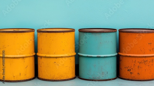 Colorful barrels in yellow, teal, and orange are aligned against a textured turquoise wall, creating a vibrant industrial aesthetic.