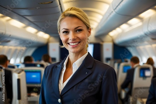 Professional stewardess smiling during in-flight service, set in a comfortable, modern airplane cabin. Ideal for travel and aviation marketing. photo