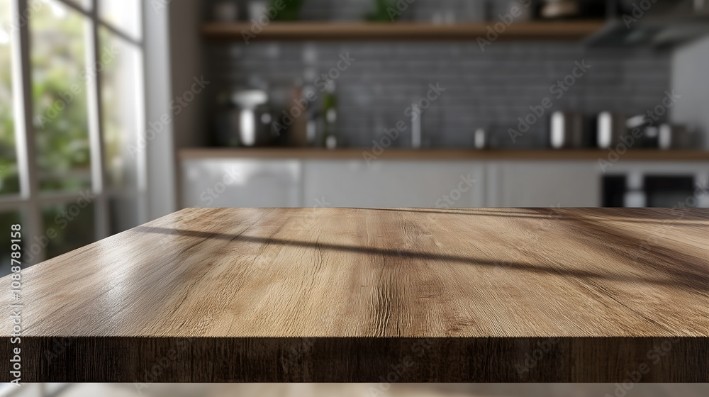 Wood table top on blurred kitchen background. can be used mock up for montage products display or design layout
Wood table top on blurred kitchen background. can be used mock up for montage products display or design layout