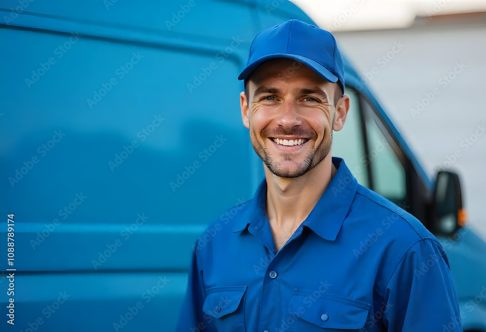 Delivery man or a driver standing in his blue uniform and blue cap, standing next to a blue van Delivery man or a driver standing in his blue uniform and blue cap, standing next to a blue van