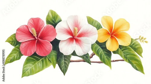 Vibrant Tropical Flowers in Vintage Watercolor Style with Muted Pastel Tones