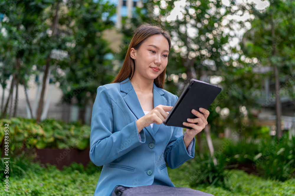 Young Asian Businesswoman Using Digital Tablet Outdoor In Front Modern Office Building Young Asian Businesswoman Using Digital Tablet Outdoor In Front Modern Office Building