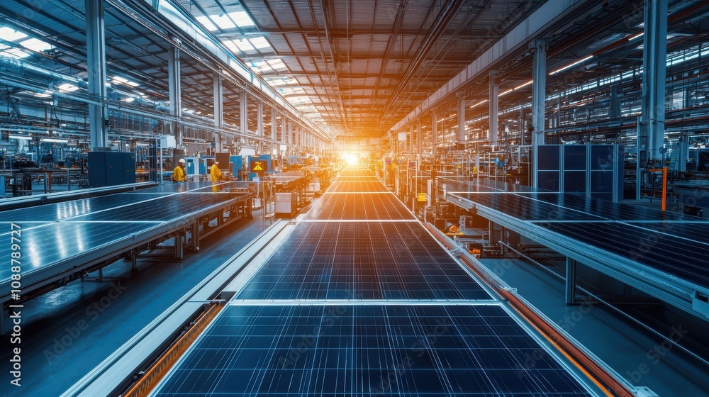 Modern Solar Panel Manufacturing Facility with Rows of Solar Panels and Workers During Sunset, Showcasing Advanced Technology in Renewable Energy Production Modern Solar Panel Manufacturing Facility with Rows of Solar Panels and Workers During Sunset, Showcasing Advanced Technology in Renewable Energy Production