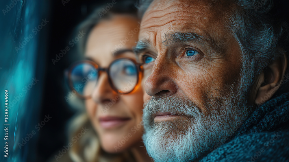 Elderly couple gazes out of window while enjoying a quiet moment together during a rainy day at home. Generative AI