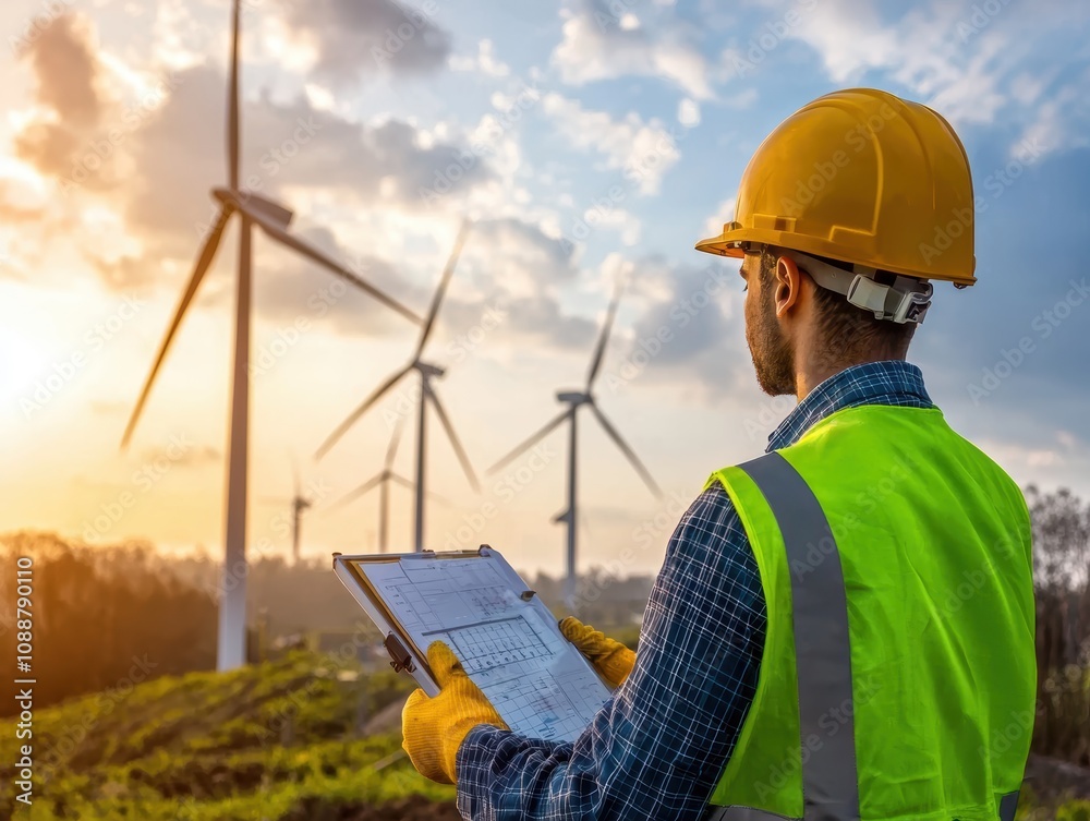 Renewable Energy Worker Conducting Inspection at Wind Farm During Sunset with Turbines in Background for Sustainable Development and Green Technology Promotion Renewable Energy Worker Conducting Inspection at Wind Farm During Sunset with Turbines in Background for Sustainable Development and Green Technology Promotion