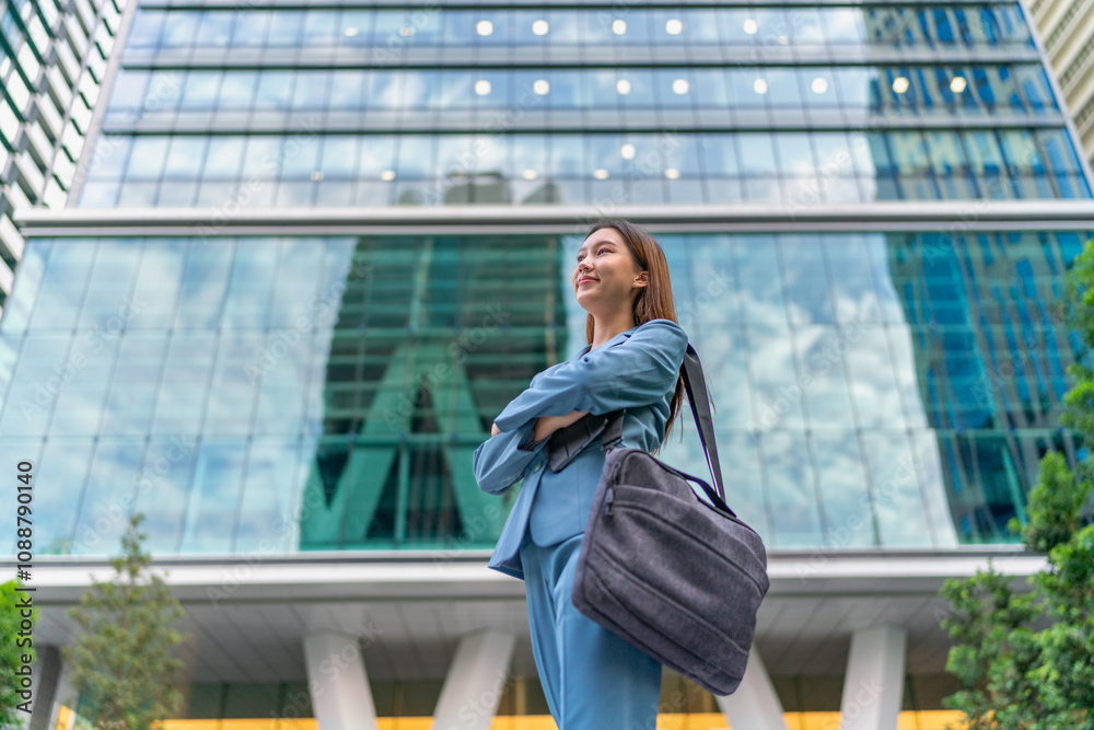 Portrait of a young and confident businesswoman standing in front a modern office building in the financial district Portrait of a young and confident businesswoman standing in front a modern office building in the financial district