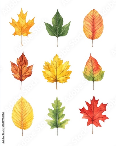 A collection of watercolor leaves in various autumn colors arranged in a grid pattern.