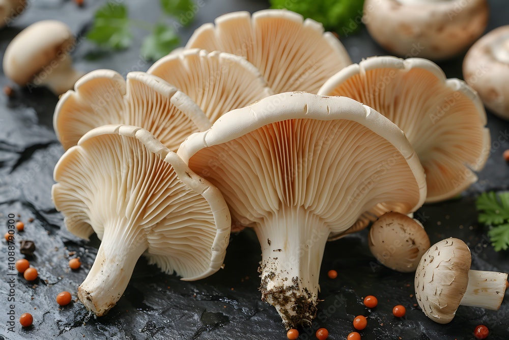 Fresh Oyster Mushrooms on Slate Background for Culinary Design and Nature Concepts Fresh Oyster Mushrooms on Slate Background for Culinary Design and Nature Concepts
