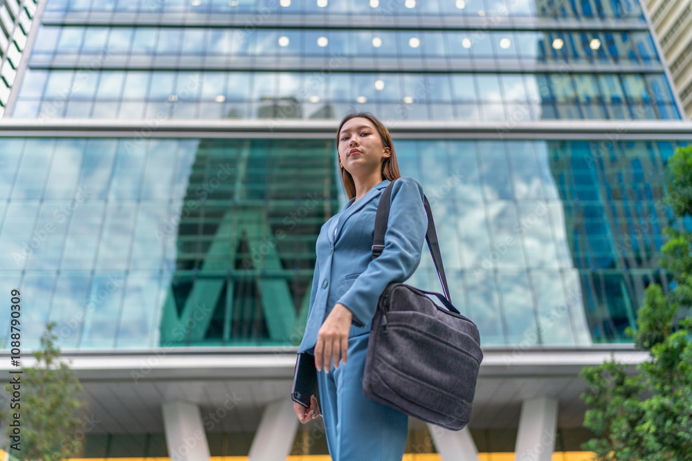 Portrait of a young and confident businesswoman standing in front a modern office building in the financial district Portrait of a young and confident businesswoman standing in front a modern office building in the financial district