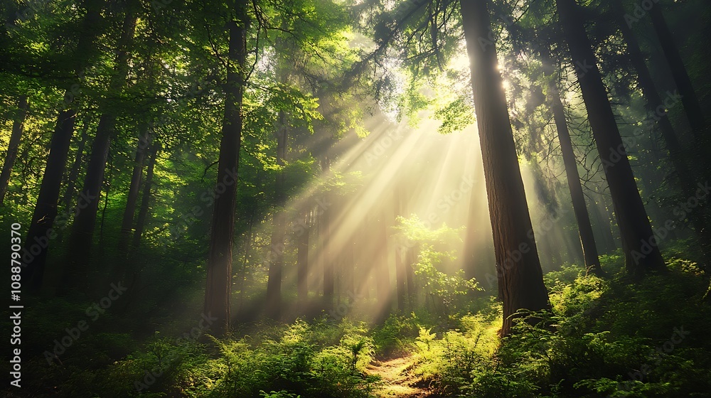 Fototapeta premium Sunbeams in a misty forest. Magical forest path.