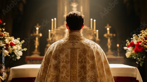 A man in a gold and white robe stands in front of a church altar