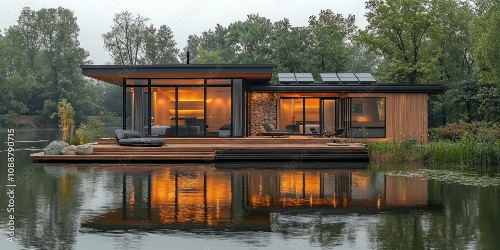 Modern floating house on tranquil lake at dusk, illuminated interior visible through large windows, solar panels on the roof. Modern floating house on tranquil lake at dusk, illuminated interior visible through large windows, solar panels on the roof.