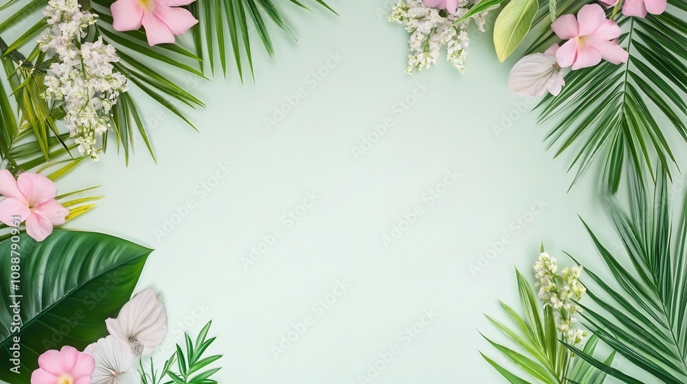 Exotic Palm Leaves and Flowers Creating Minimalist Border on Pastel Background Exotic Palm Leaves and Flowers Creating Minimalist Border on Pastel Background
