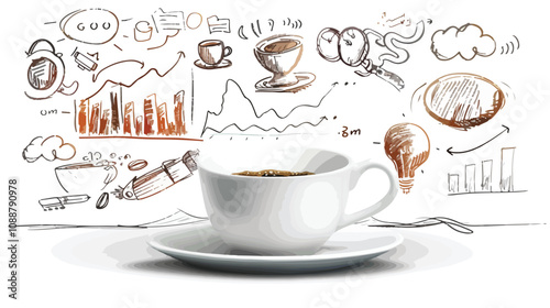Business Strategy Sketches and Coffee Cup on Background