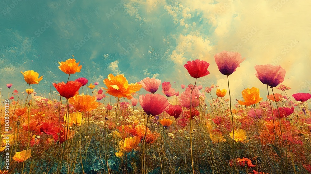 Obraz premium Hintergrundbild, Wallpaper - Landschaft mit bunten Blumen und Himmel