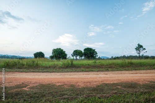 Landscape of gravel road in countryside with meadow. Road in rainy season. Side view of dirt road in forest with sunset. road background.