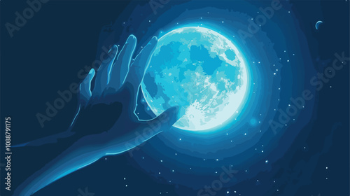 Close-Up Human Hand Touching Blue Glowing Moon