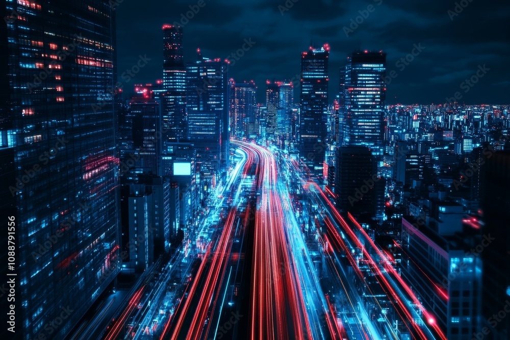 Nighttime urban landscape illuminated by abstract blue and red light trails in a smart city Nighttime urban landscape illuminated by abstract blue and red light trails in a smart city