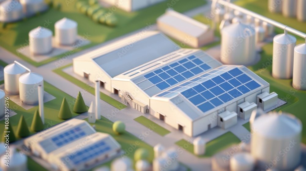 A scene illustrating an aerial view of an animal feed factory, with agricultural silos, grain storage silos, and solar panels on the roofs, focusing on the industrial landscape and sustainable energy A scene illustrating an aerial view of an animal feed factory, with agricultural silos, grain storage silos, and solar panels on the roofs, focusing on the industrial landscape and sustainable energy