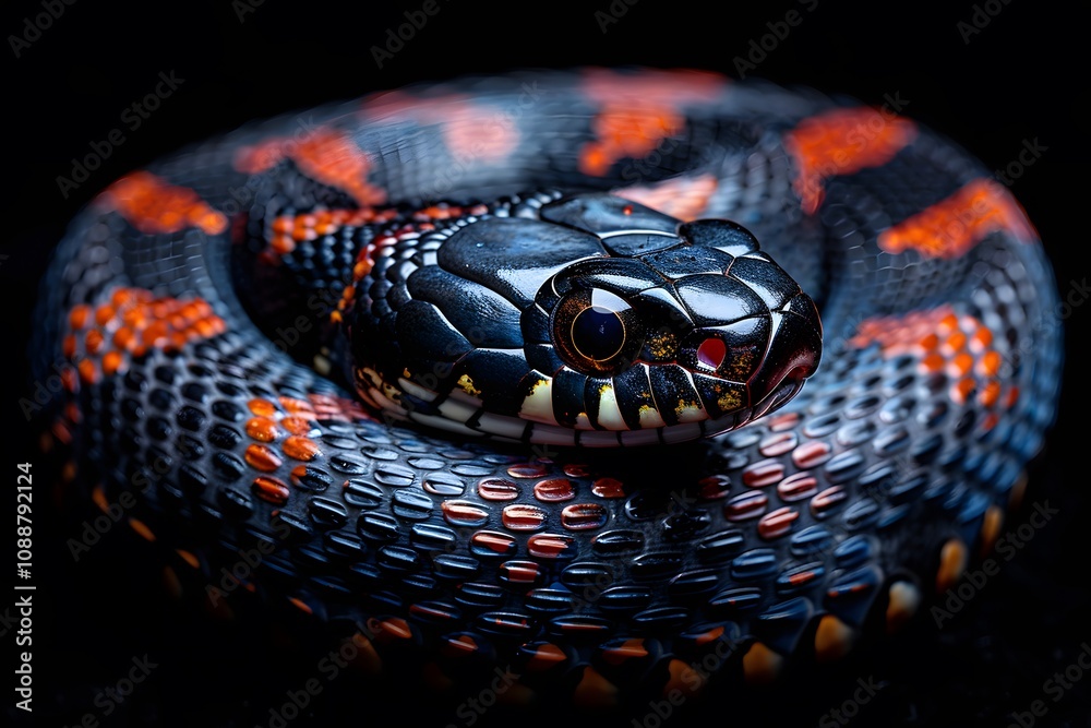 Fototapeta premium Vibrant Black and Orange Snake Coiled Elegantly on Dark Background for Nature and Wildlife Themes