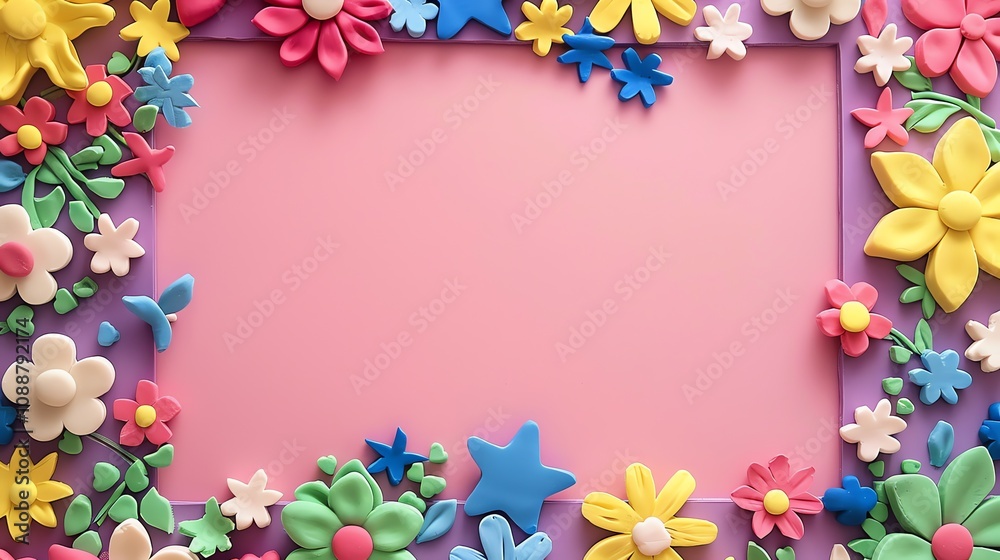 A colorful frame made of plastic flowers and stars on a pink background. A colorful frame made of plastic flowers and stars on a pink background.