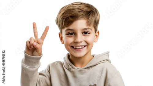 White boy smiling and making peace sign, copy space, single color background